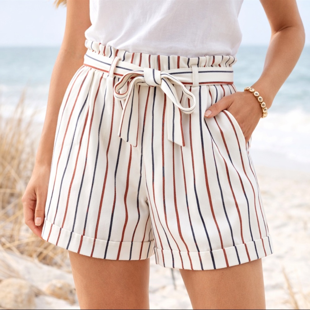 H&M WHITE RED NAVY STRIPE LINEN BLEND SHORTS PAPERBAG HIGH WAIST 16 NWT